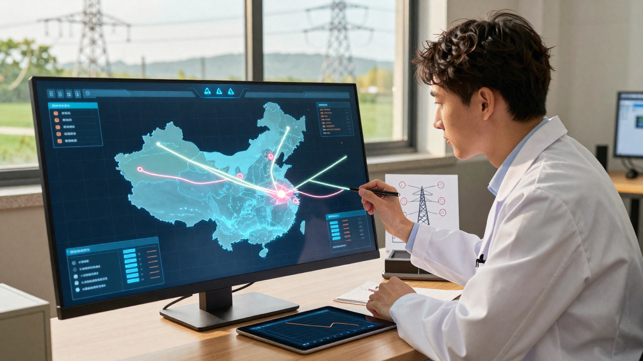 Homem analisando mapa digital da China com conexões e rotas energéticas em tela de computador.