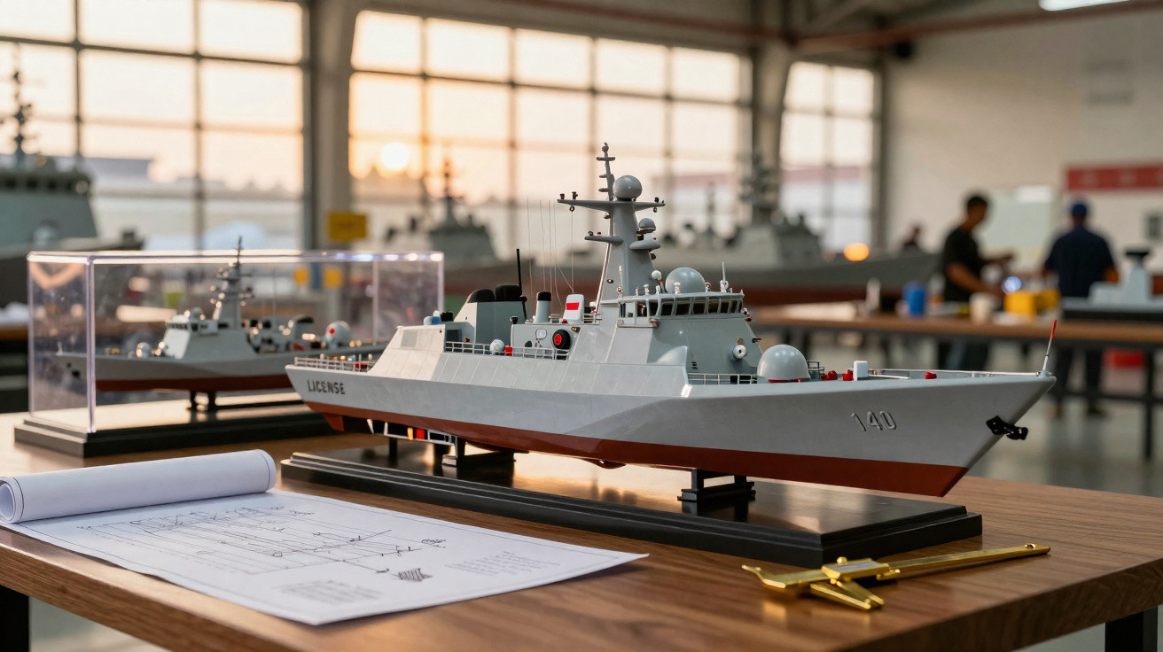 Modelo detalhado de navio militar cinza sobre mesa com planta baixa ao lado em ambiente industrial iluminado.