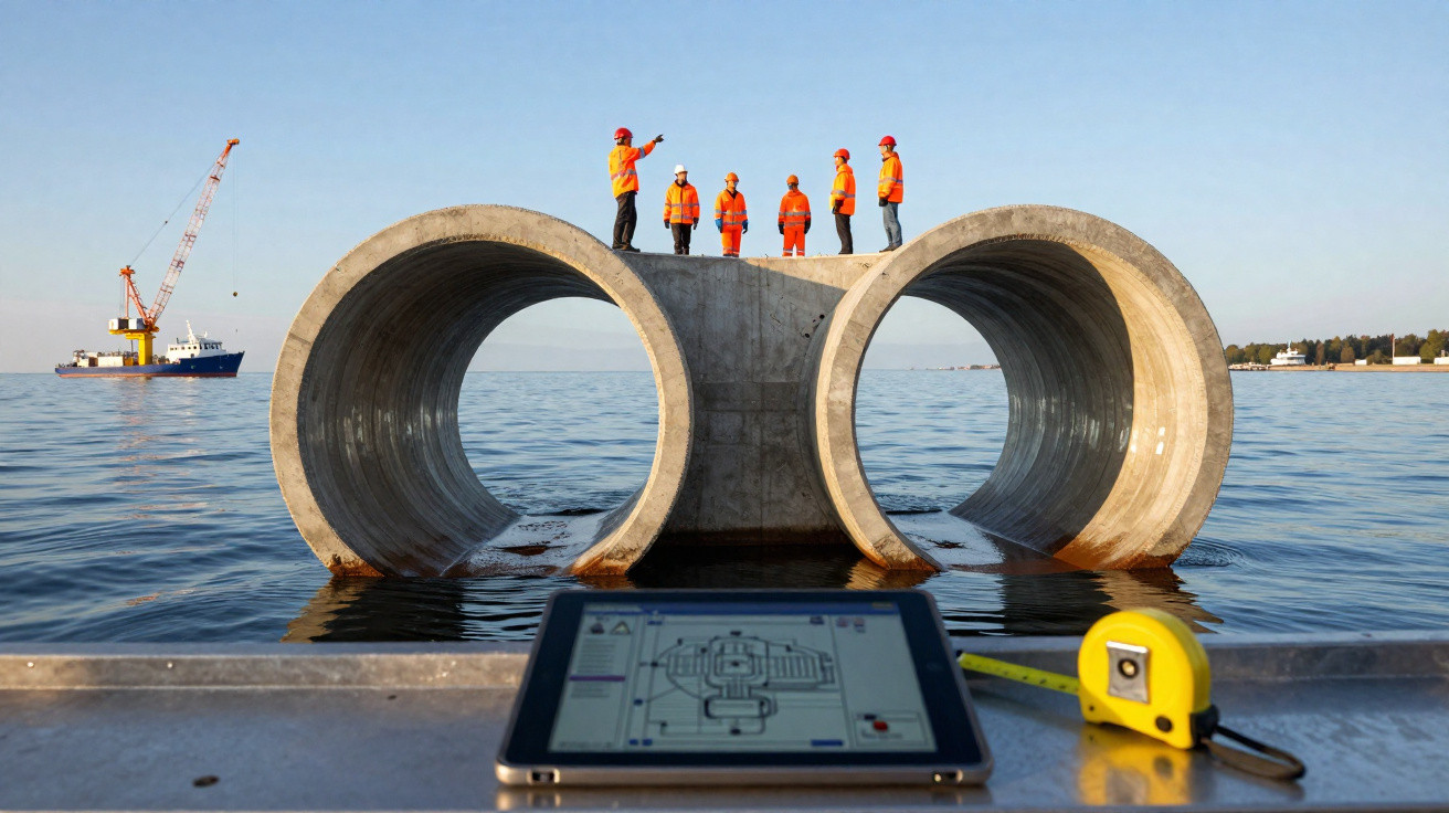 Engenheiros e técnicos em coletes e capacetes laranja sobre grandes tubos de concreto na água, barco ao fundo.