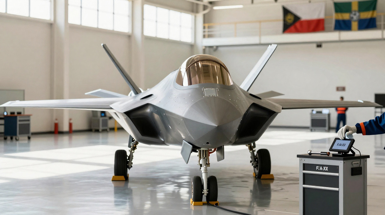 Caça stealth cinza estacionado em hangar com técnico operando equipamento ao lado.