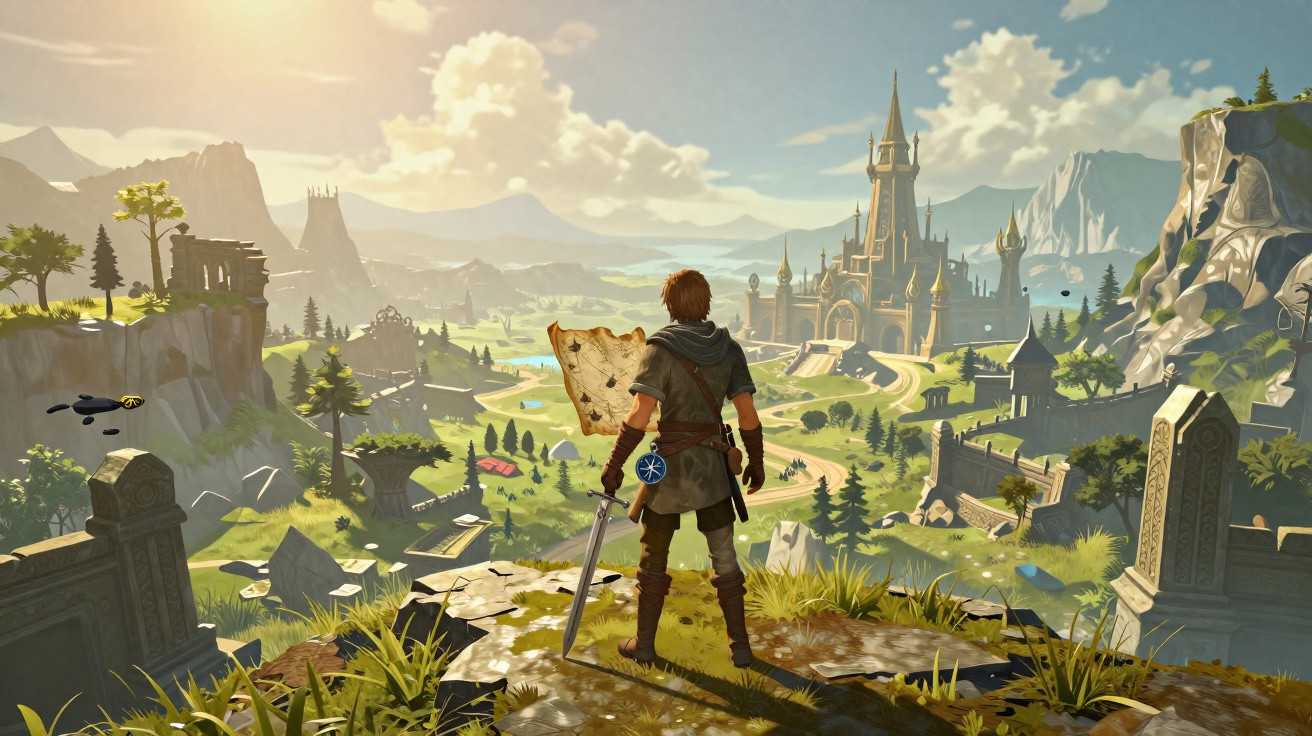 Personagem de fantasia com espada e mapa em mãos observa castelo e paisagem montanhosa ao pôr do sol.