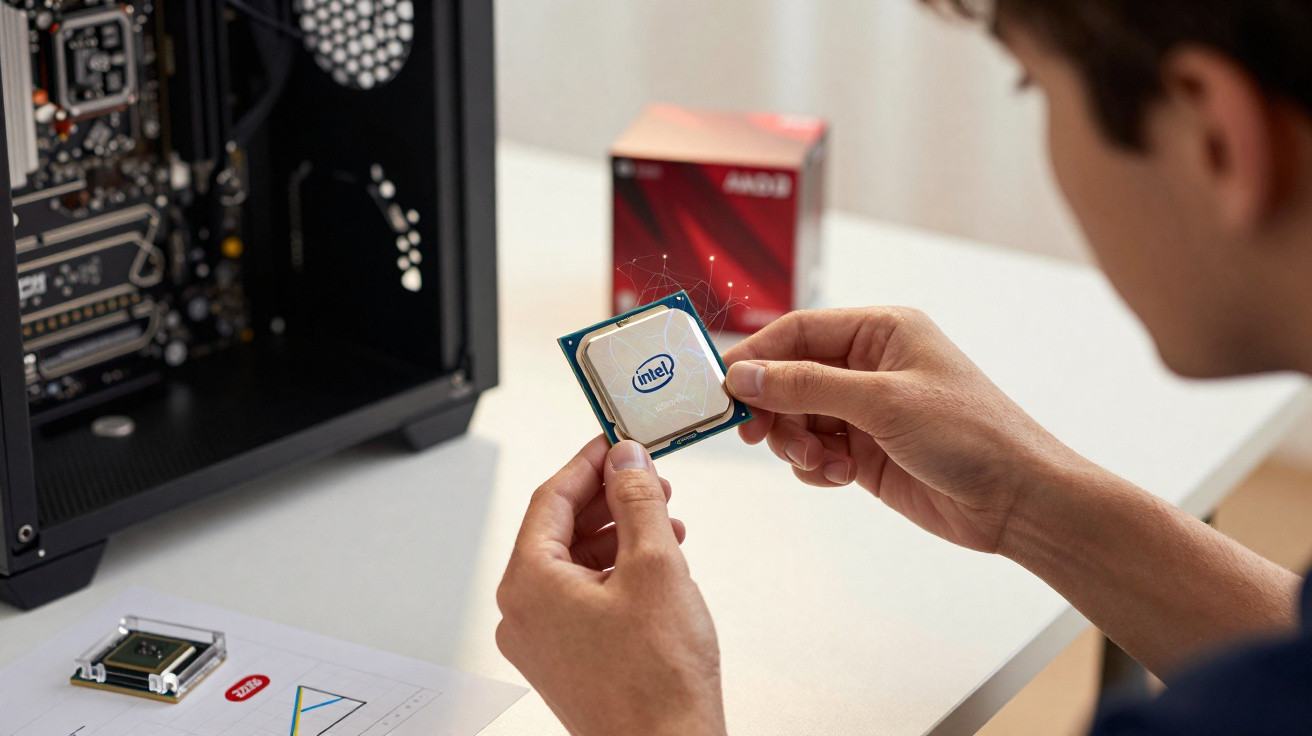 Pessoa segurando processador Intel perto de gabinete de computador aberto em mesa branca.