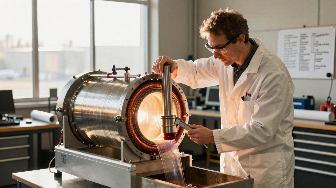 Cientista usando jaleco e óculos de proteção operando equipamento de laboratório tecnológico.