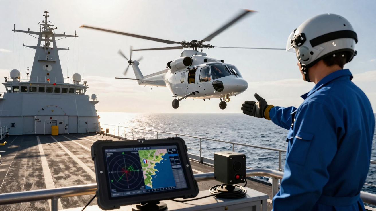 Helicóptero pousando em navio militar com operador guiando e radar mostrando mapa na tela.