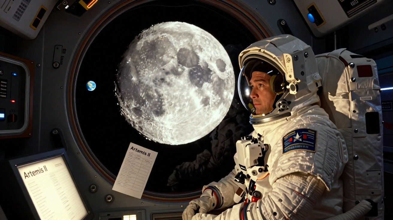 Astronauta dentro de módulo espacial olhando para a Lua com a Terra ao fundo pela janela circular.