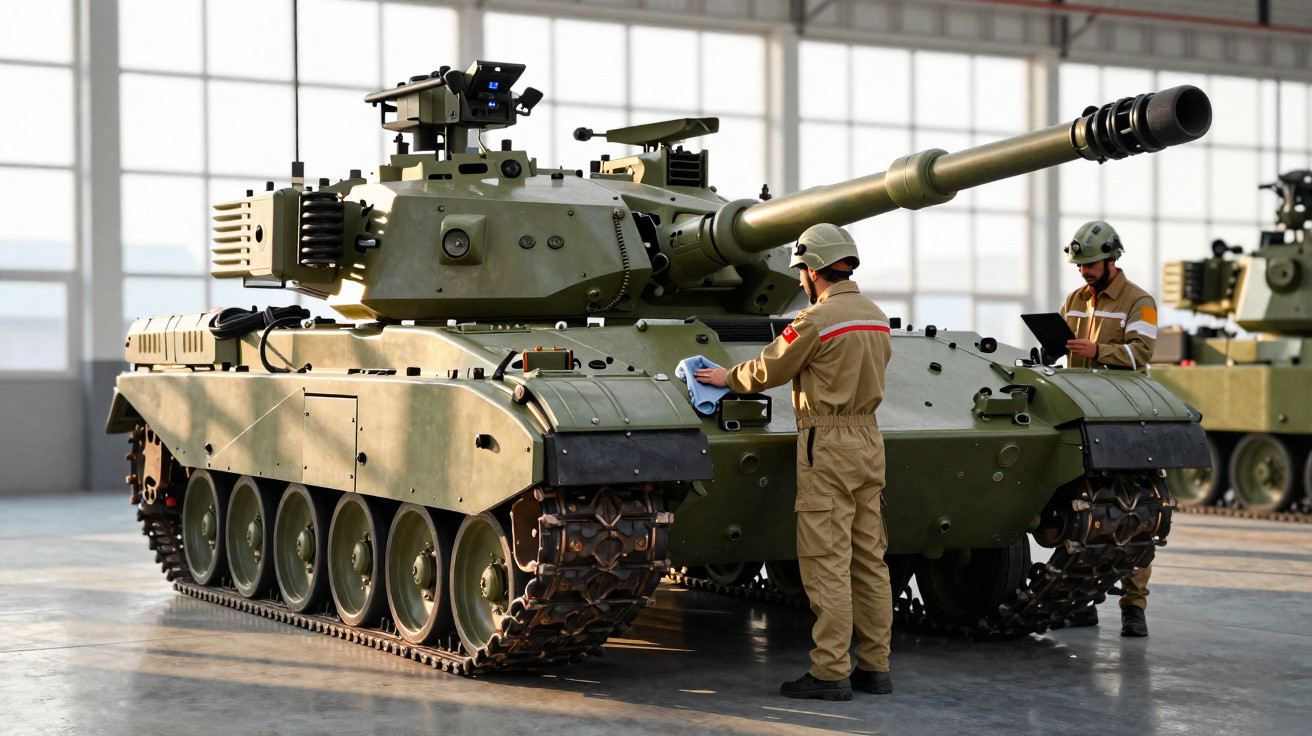 Tanque de guerra verde sendo inspecionado por dois soldados de uniforme bege dentro de um galpão.