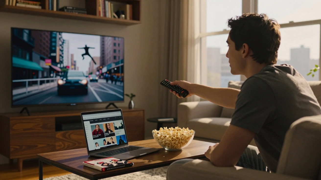 Homem sentado no sofá com controle na mão, laptop e tigela de pipoca na mesa, assistindo TV.