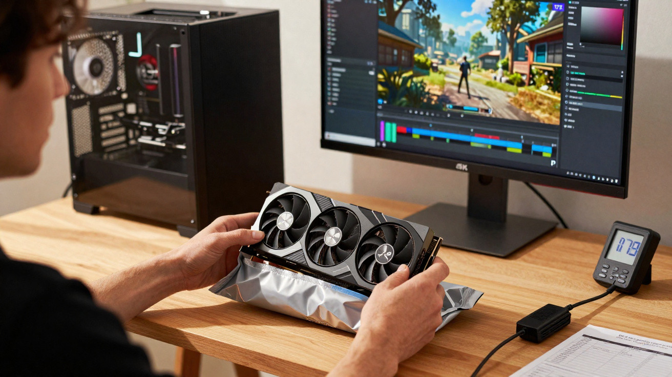 Pessoa segurando placa de vídeo ao lado de computador aberto e monitor com jogo em ambiente de trabalho.