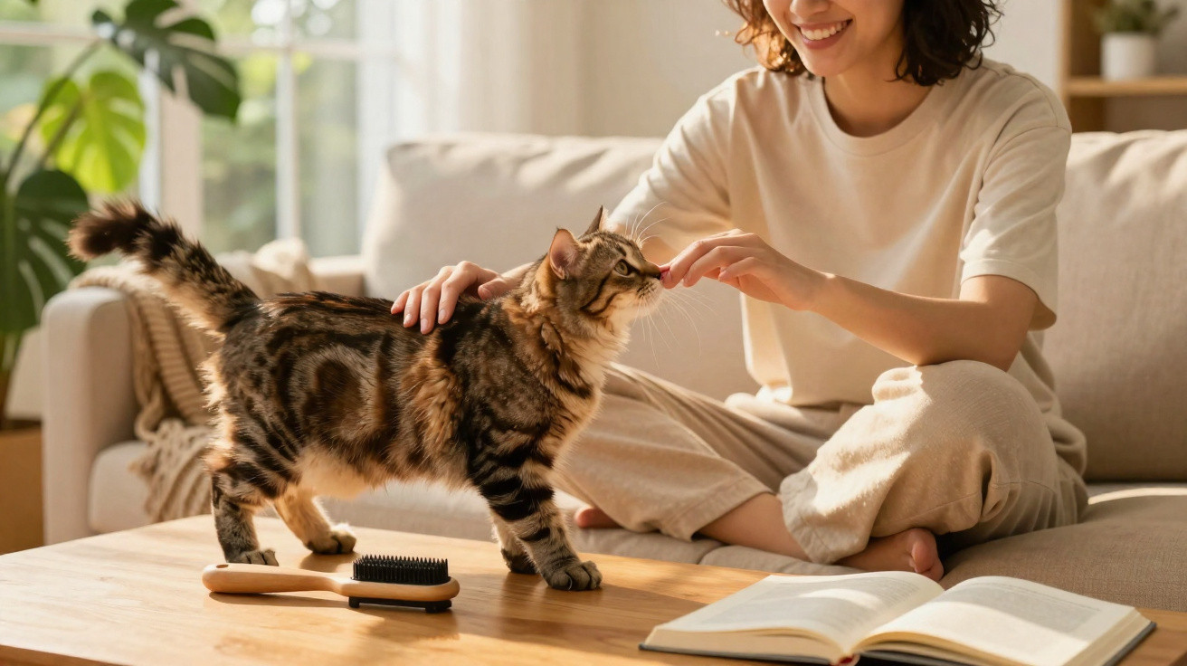Mulher sorrindo acaricia gato em mesa com escova e livro aberto em sala iluminada.