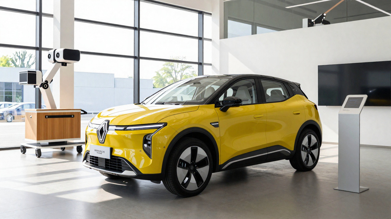 Carro elétrico Renault amarelo em exposição moderna com paredes e janelas de vidro grandes.