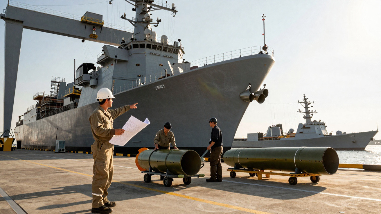 Homens uniformizados movimentam torpedos perto de navios de guerra atracados em porto militar.