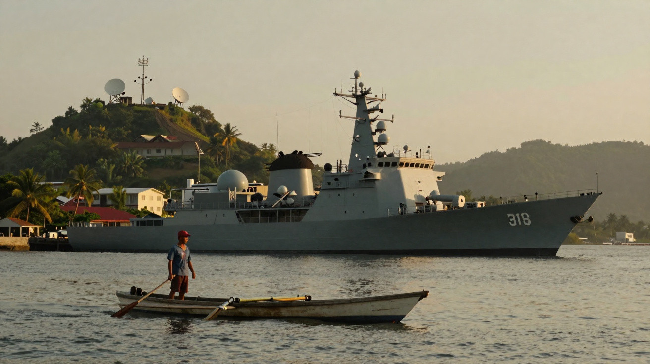 Homem em barco pequeno próximo a navio militar cinza ancorado com colina e casas ao fundo.