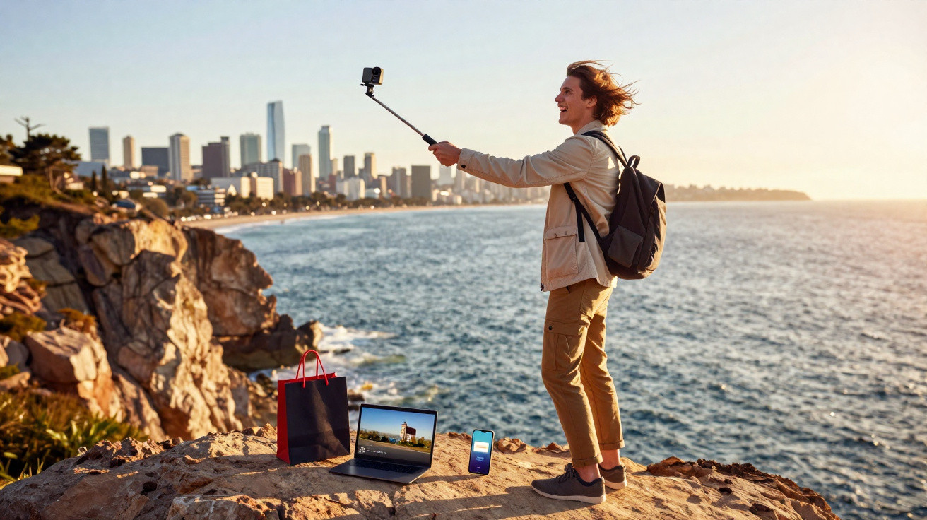 Jovem tirando selfie com bastão em penhasco perto do mar, com laptop e celular ao lado.