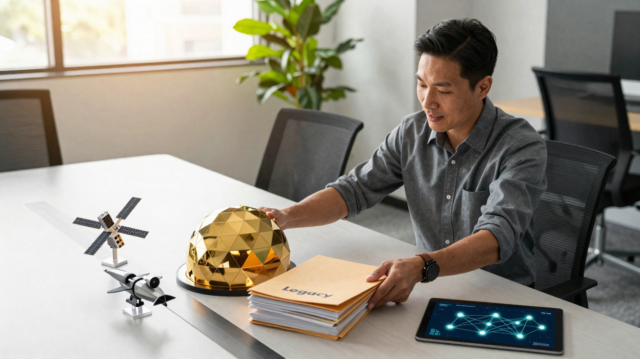 Homem em escritório com maquete de satélite, capacete dourado e documento de projeto sobre mesa.