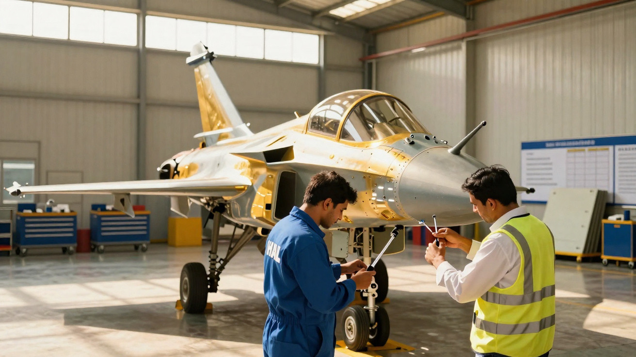 Técnicos inspecionam e ajustam caça militar dourado dentro de hangar bem iluminado.