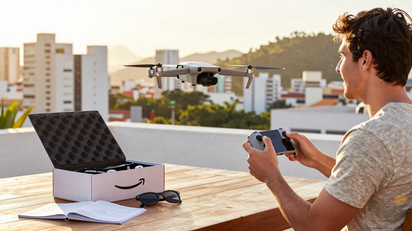 Homem controlando drone cinza com controle remoto em uma varanda com vista para prédios e colinas ao fundo.