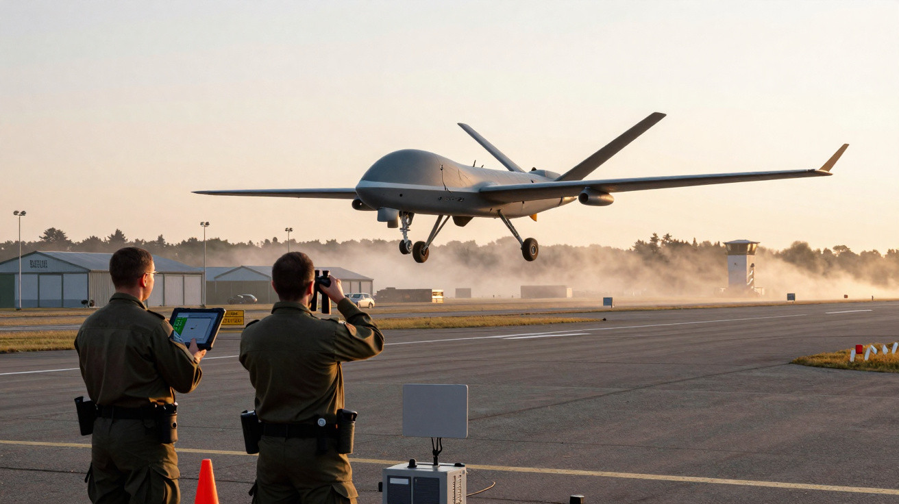 Dois soldados operam controle remoto enquanto drone militar decola em pista ao entardecer.