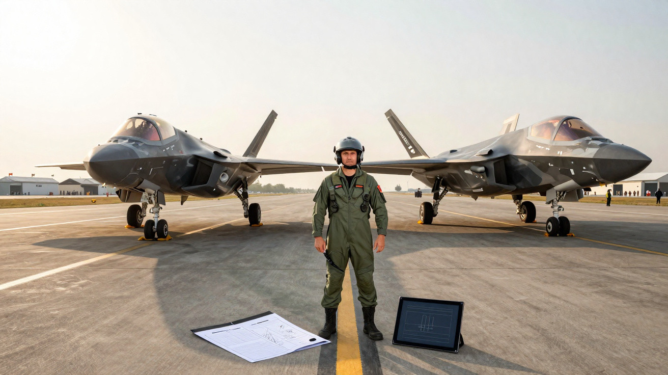 Piloto militar em uniforme verde entre dois caças F-35 estacionados em pista de aeroporto militar.