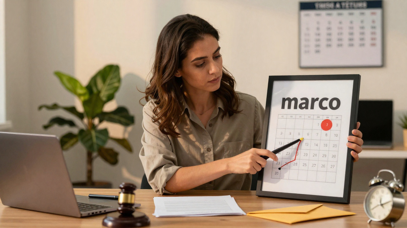 Mulher sentada apontando com caneta para um calendário de março emoldurado em escritório.