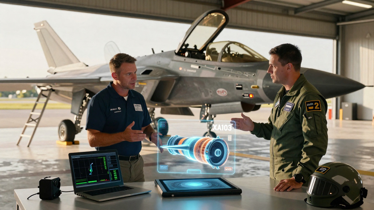 Dois homens discutem diante de jato militar em hangar com holograma tecnológico sobre mesa.