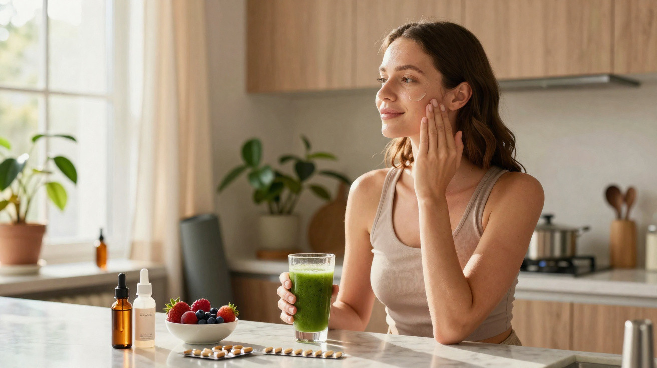 Mulher aplica creme facial enquanto segura copo com suco verde na cozinha iluminada.
