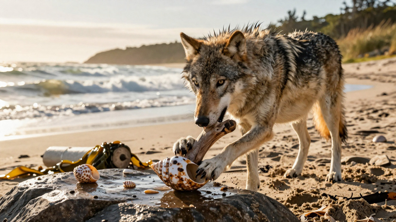 Lobo cinza na praia segurando um pedaço de madeira em uma concha sobre uma pedra.