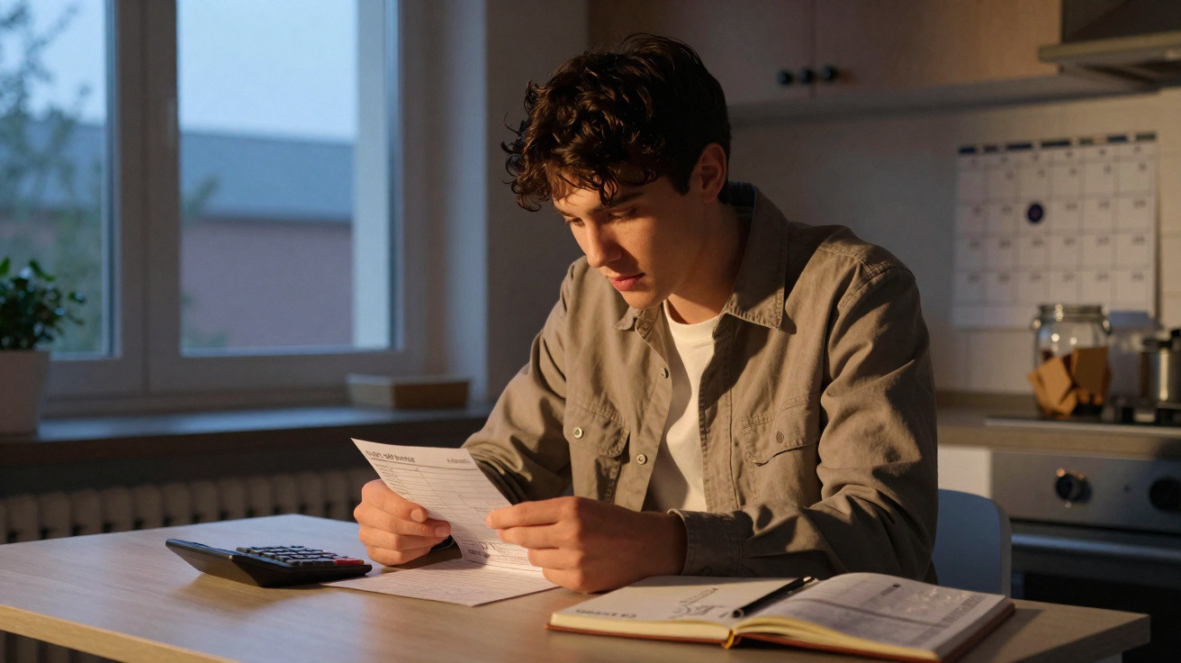 Homem jovem sentado à mesa lendo documento com calculadora e livro aberto ao lado em ambiente doméstico.
