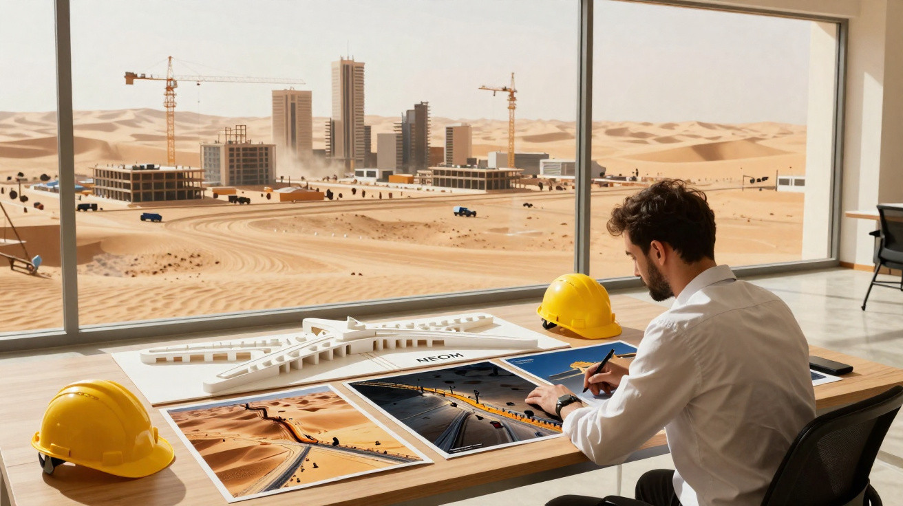 Homem em escritório com capacetes amarelos analisa projeto de construção e cidade futurista no deserto pela janela.