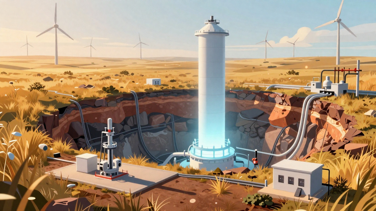 Ilustração de usina geotérmica com torre central, tubulações, edifícios auxiliares e turbinas eólicas ao fundo em área seca.