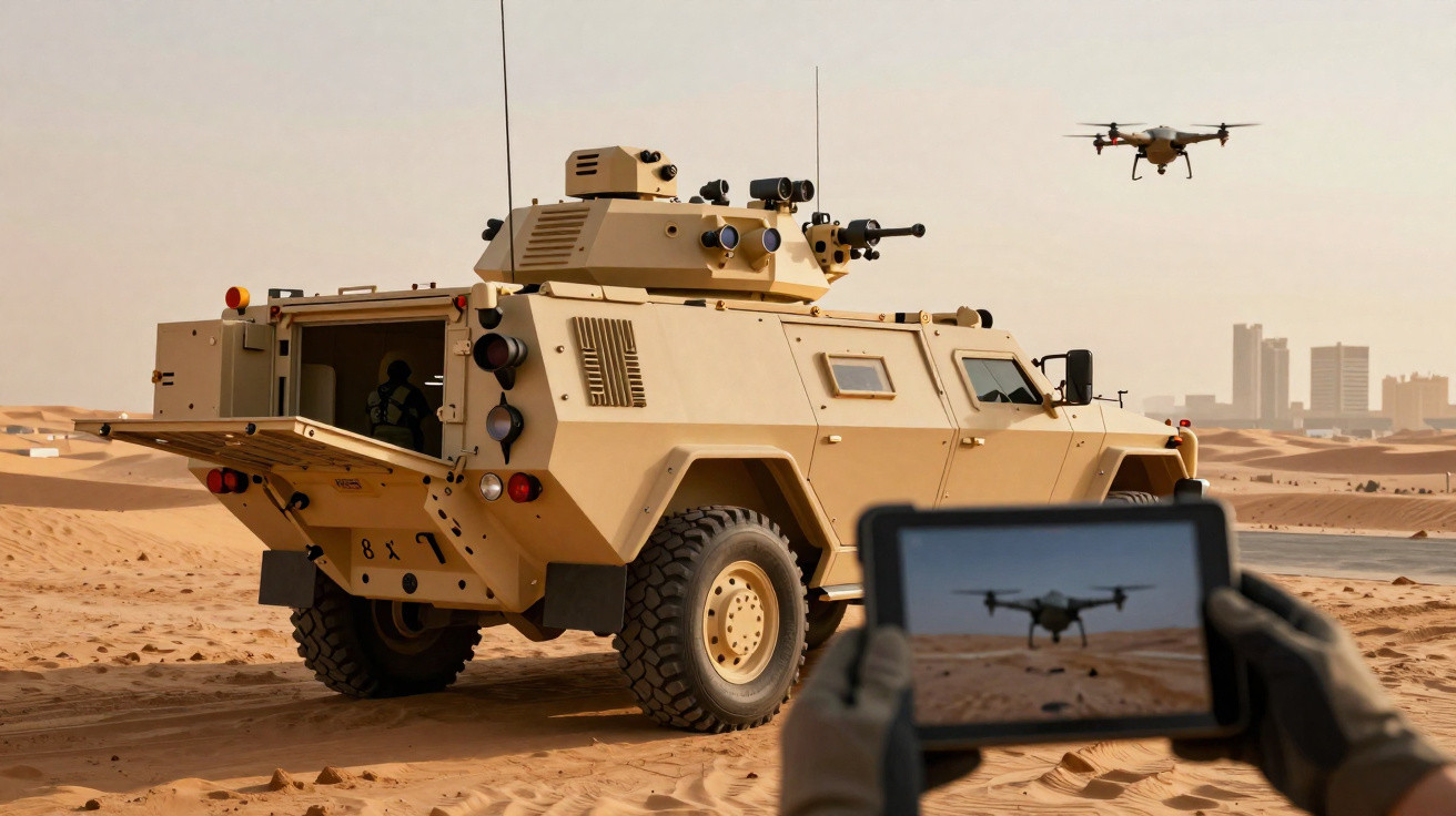 Veículo militar blindado bege e drone em operação no deserto com operador usando tablet para controle.