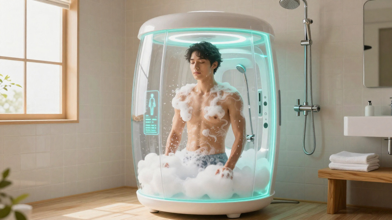 Jovem dentro de cápsula futurista de banho com espuma, em banheiro moderno e bem iluminado.