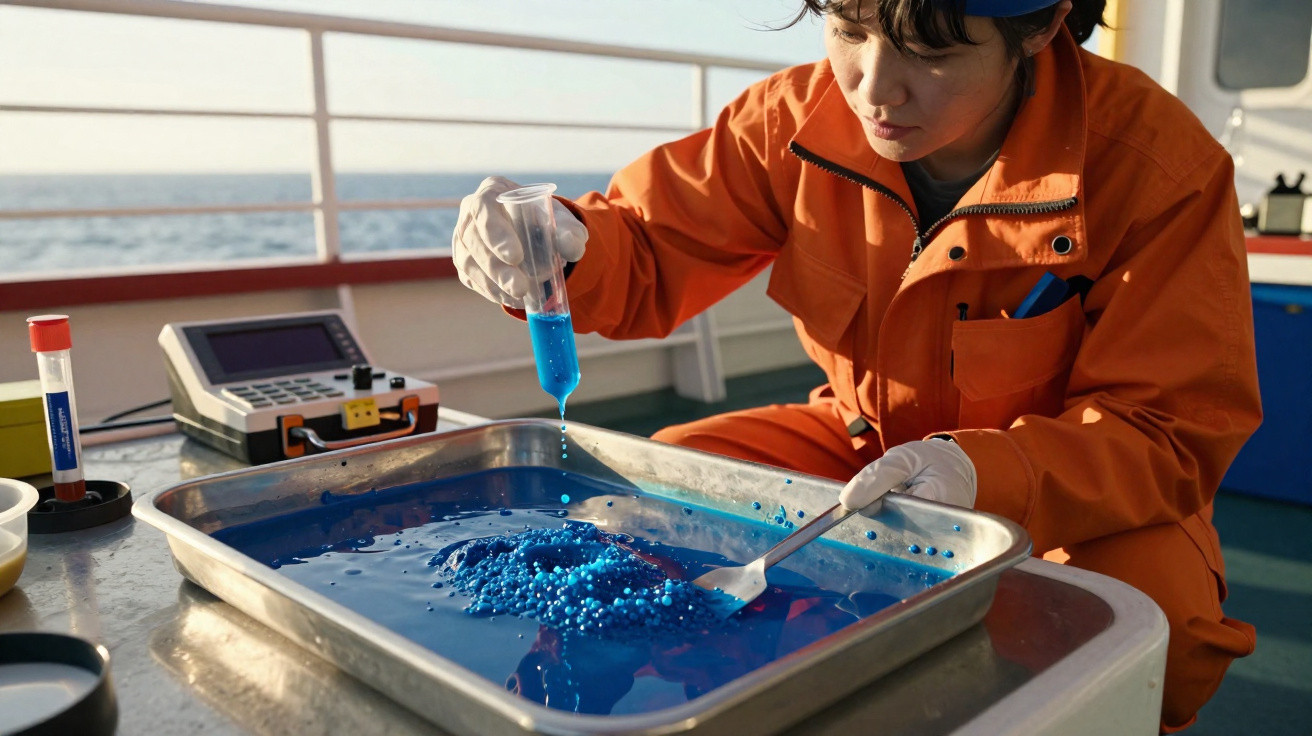 Pessoa em macacão laranja coleta amostra de líquido azul em bandeja metálica em laboratório de barco.