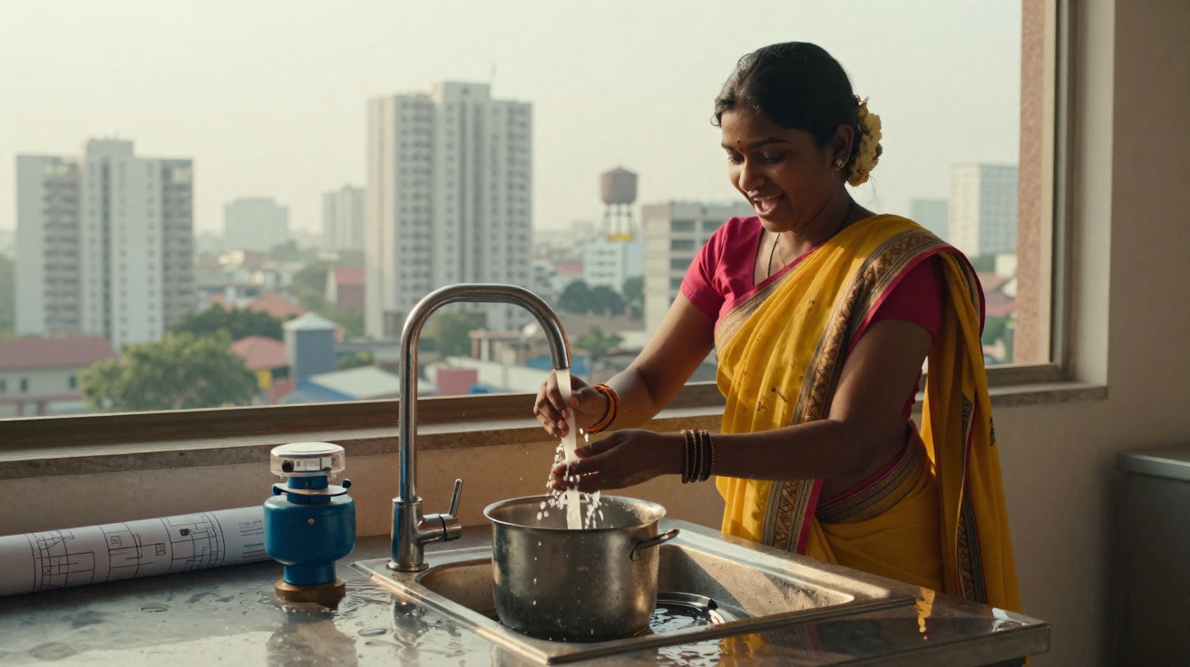 Mulher vestindo saree amarelo lavando arroz em panela na pia com cidade ao fundo.