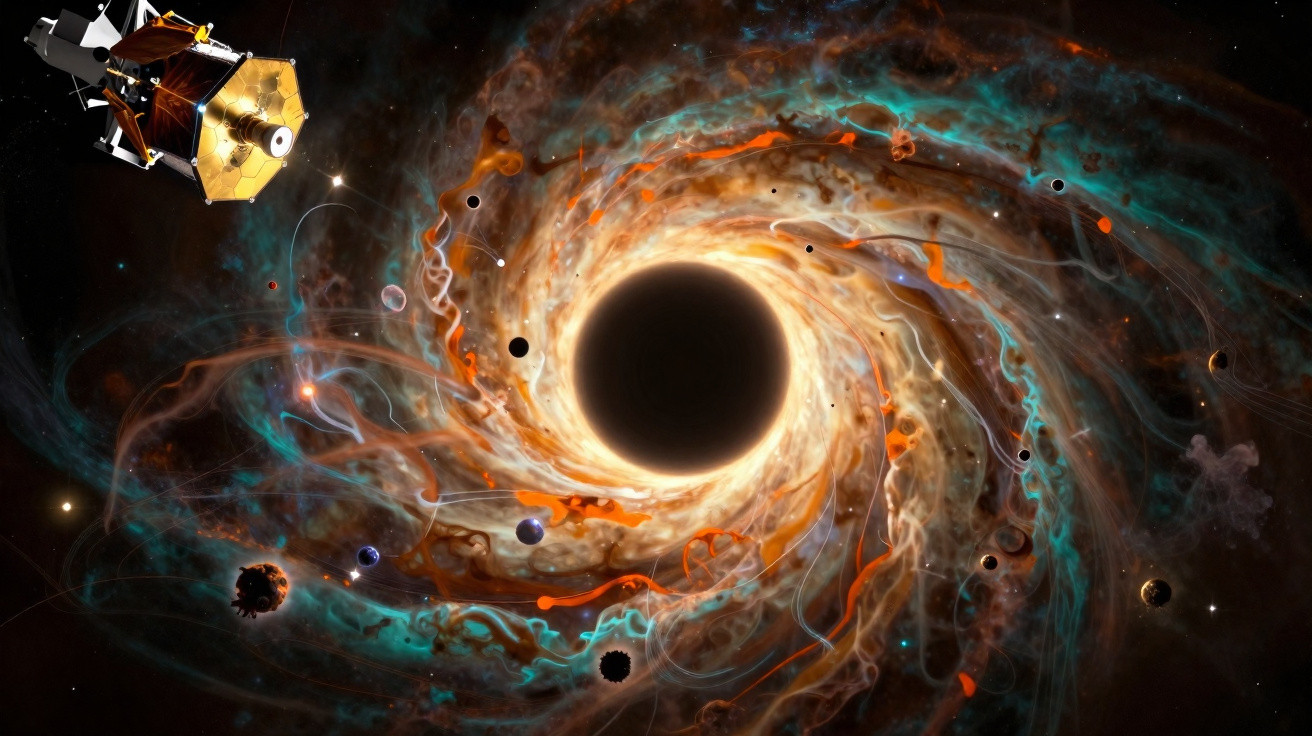 Nave espacial próxima a buraco negro com nuvens coloridas e pequenos planetas ao redor no espaço profundo.