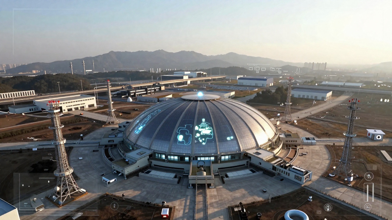 Prédio futurista em formato de cúpula com projeções digitais, cercado por torres metálicas em área industrial.