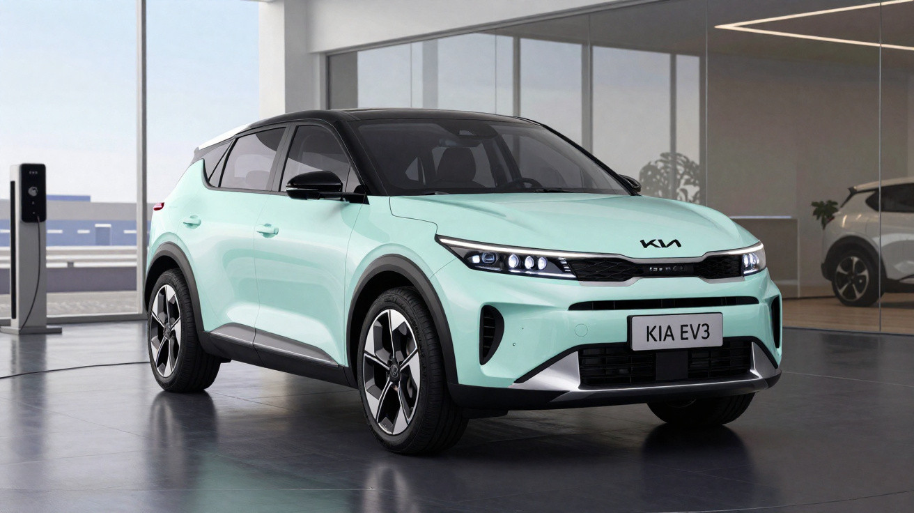 Carro elétrico Kia EV3 verde claro estacionado em showroom moderno com carregador ao fundo.