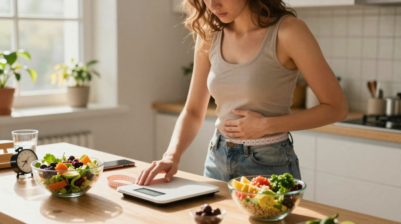 Mulher com expressão de desconforto segurando abdômen e mexendo numa balança de cozinha.
