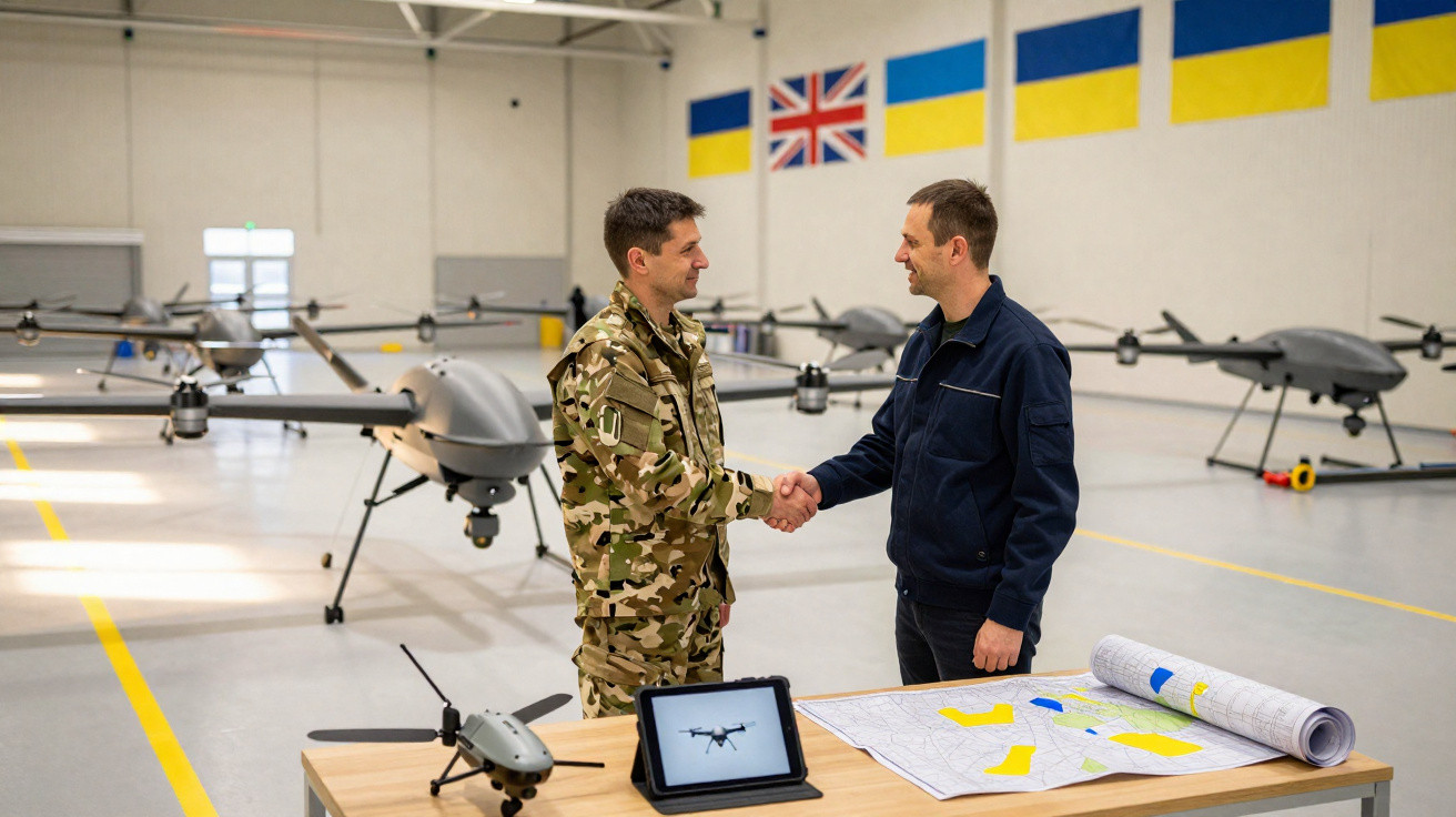 Dois homens apertando as mãos em hangar com drones de vigilância, mapa e bandeiras do Reino Unido e Ucrânia ao fundo.