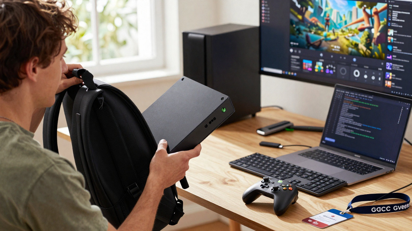 Jovem segurando console Xbox e mochila, com computador e controle de videogame sobre mesa de madeira.