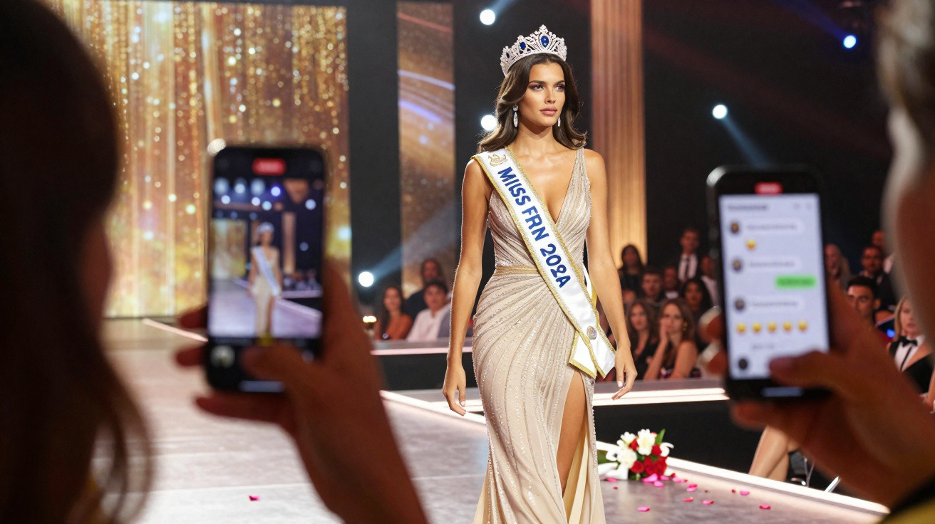 Mulher com coroa e faixa desfila em passarela de concurso de beleza, com público e celulares capturando o momento.