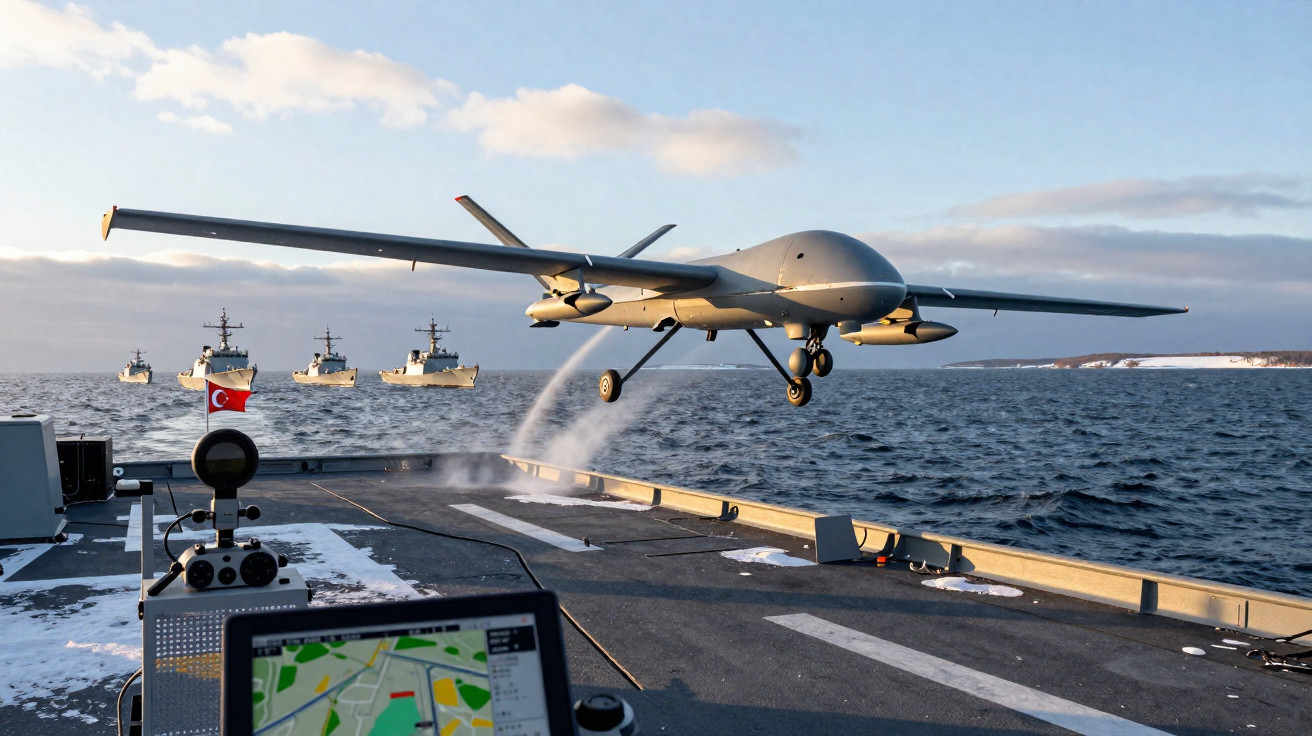 Drone militar decolando de navio em alto mar com frota de navios ao fundo e céu parcialmente nublado.