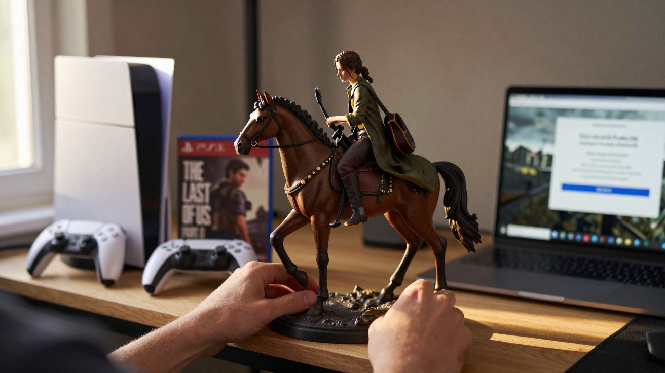Mãos seguram estátua de personagem montada em cavalo com videogame, controles e notebook ao fundo.