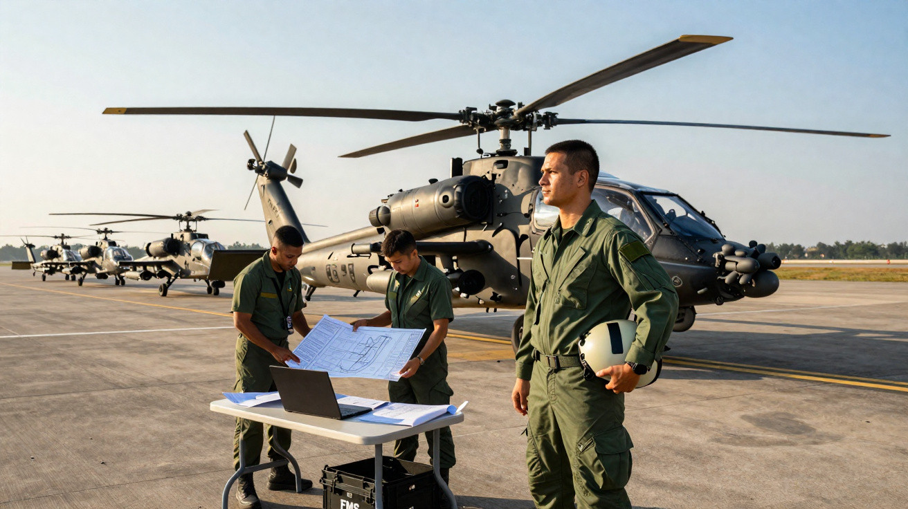 Três pilotos militares em uniforme verde ao lado de helicópteros de ataque estacionados em pista de aeroporto.