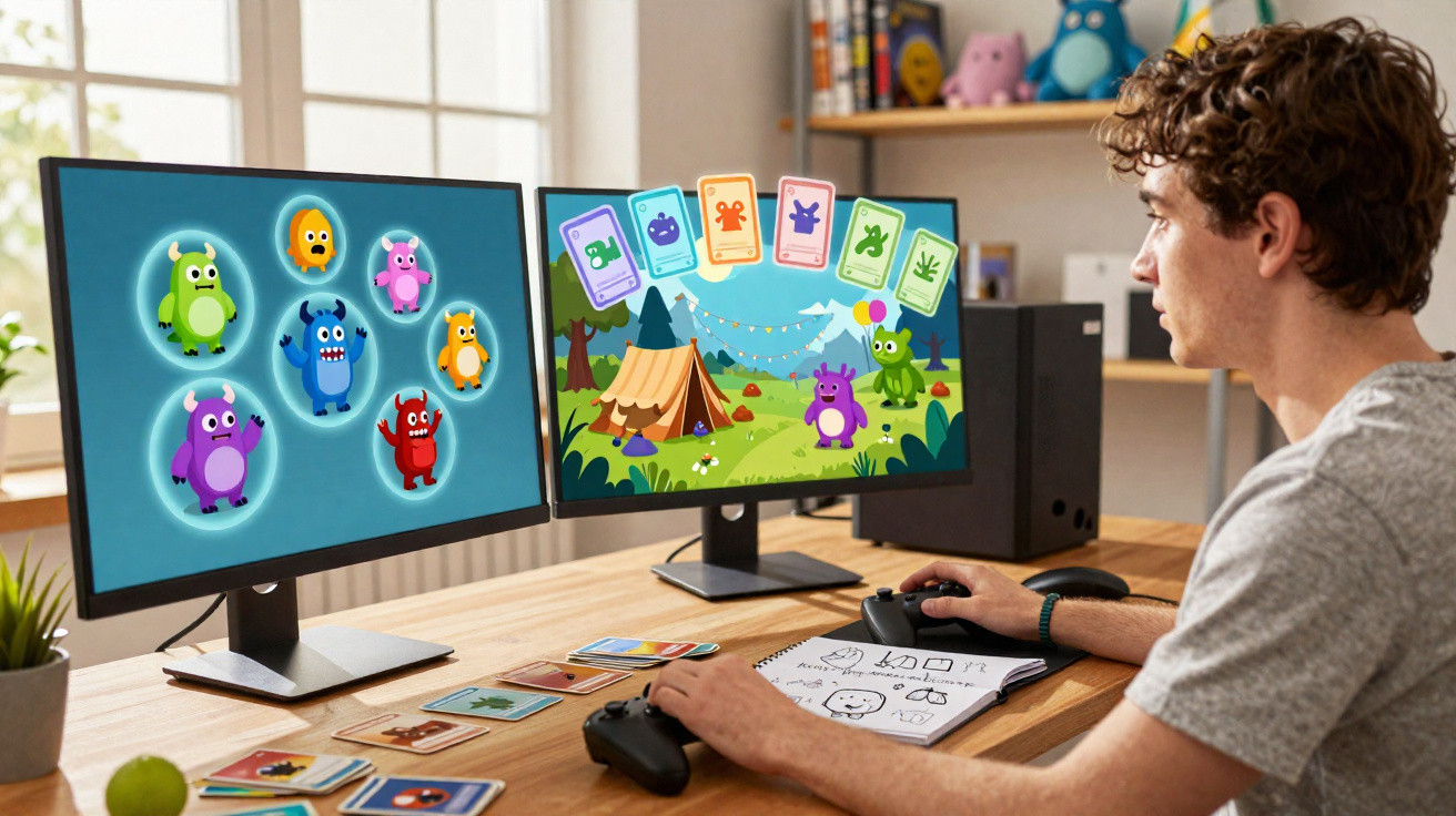 Jovem jogando game de monstros coloridos em dois monitores com cartões físicos na mesa.