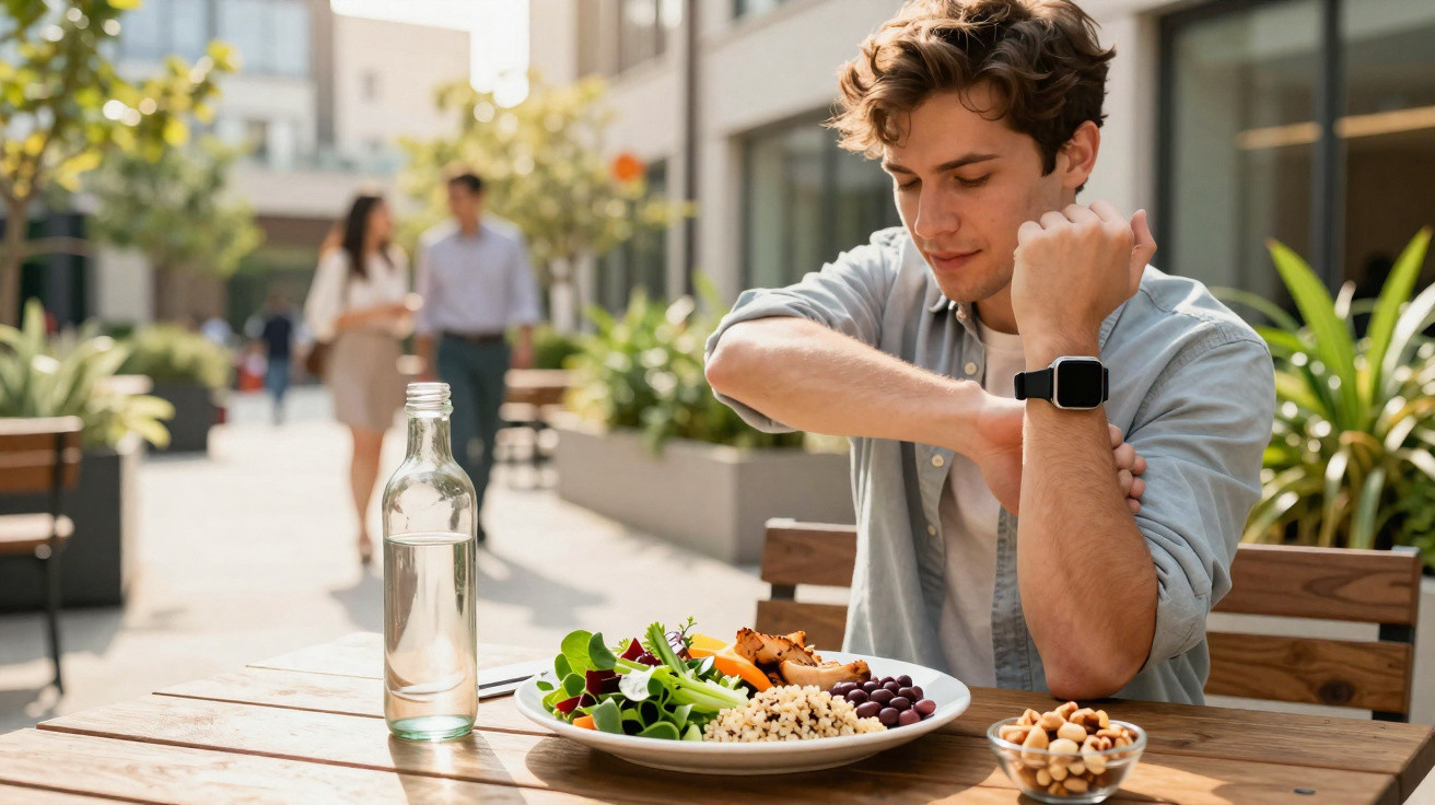 Jovem sentado ao ar livre, olhando o relógio, com prato de comida saudável e garrafa de água na mesa.