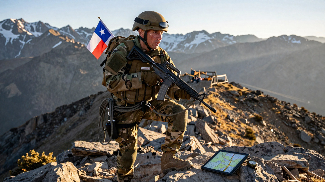 Soldado com fuzil em montanha rochosa, usa uniforme camuflado e capacete, com bandeira do Chile nas costas.