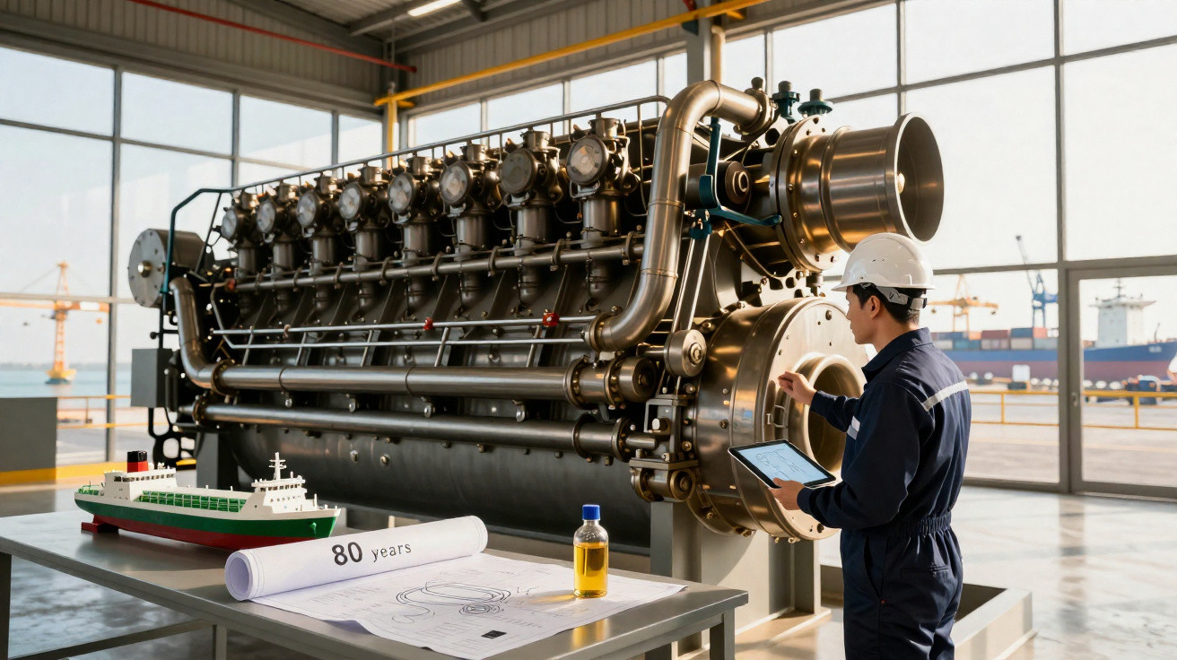 Engenheiro com capacete inspeciona grande motor industrial em ambiente com mesa, maquete de navio e planta.