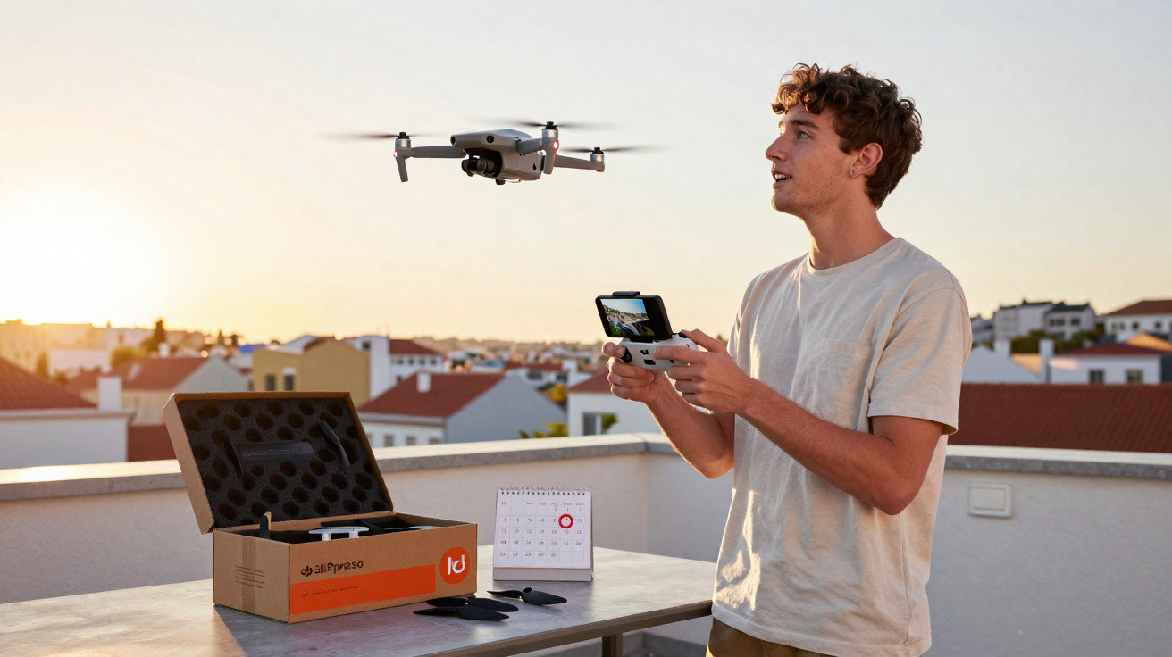 Homem operando drone com controle remoto em área externa durante o pôr do sol, sobre uma mesa com caixa e calendário.