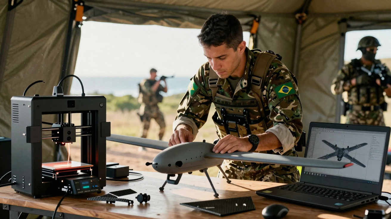 Militar brasileiro trabalhando em drone próximo a impressora 3D e laptop com modelo 3D em ambiente de campo.