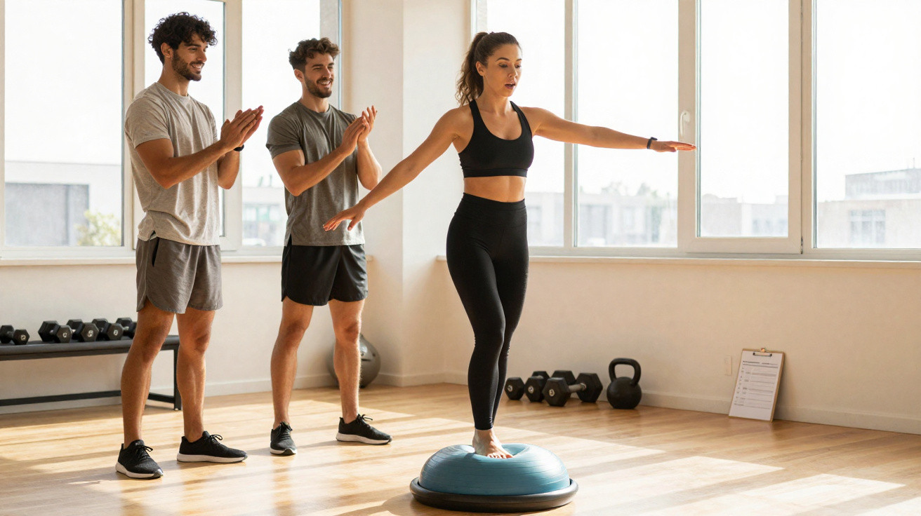 Mulher em roupa esportiva equilibrando-se em equipamento de exercício enquanto dois homens a aplaudem.